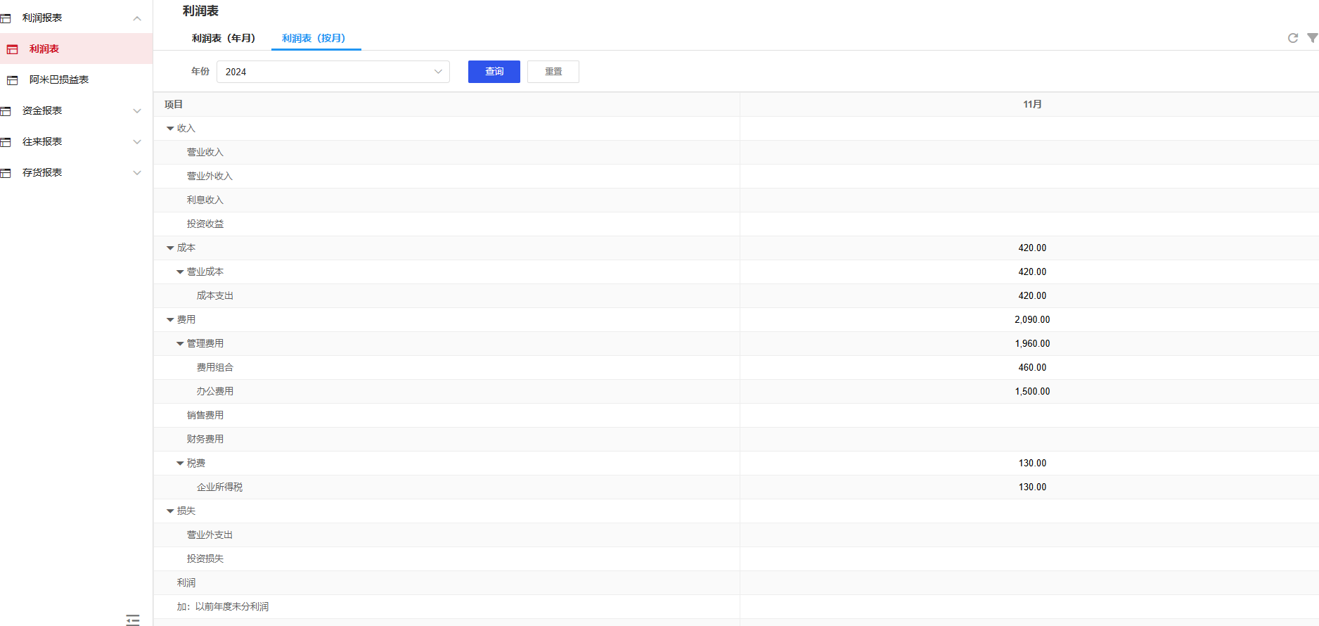 管理报表-利润表(按月)
